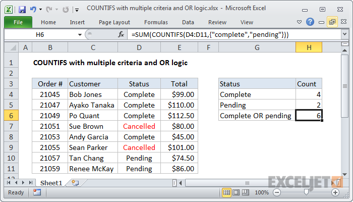 נוסחת Excel: COUNTIFS עם קריטריונים מרובים והגיון OR