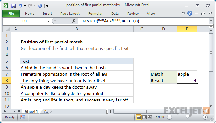 Excel -kaava: Ensimmäisen osittaisen osuman sijainti