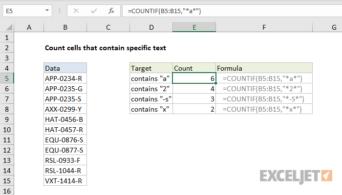נוסחת Excel: ספירת תאים המכילים טקסט ספציפי