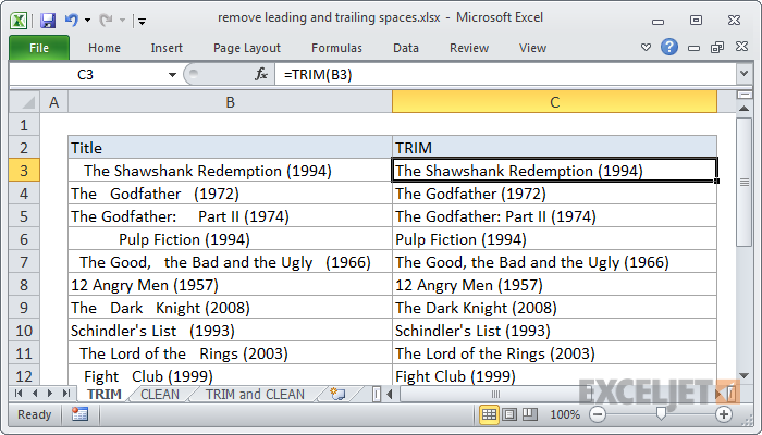 Vzorec programu Excel: Odstráňte z textu úvodné a koncové medzery