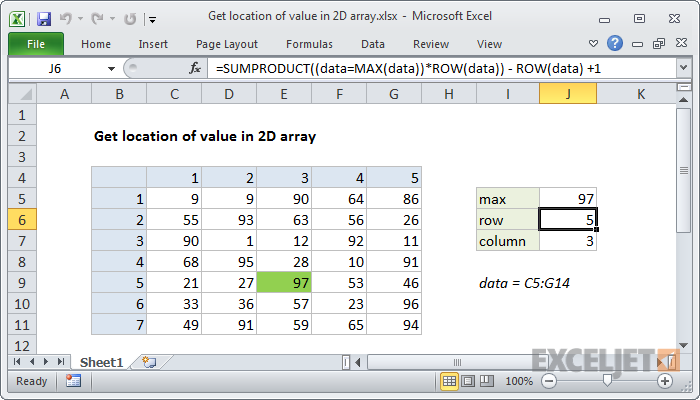 Excel formula: iegūstiet vērtības atrašanās vietu 2D masīvā