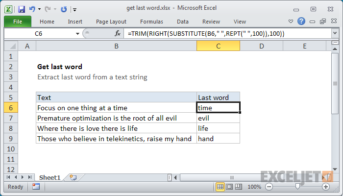Excel-Formel: Holen Sie sich das letzte Wort